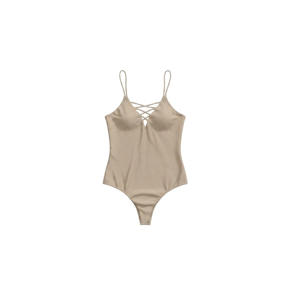 Wearever Bodysuit Womens XL Beige Excellent Lace Up V-Neck Sleeveless Snaps